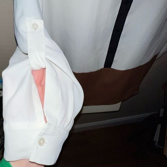 83. TalbotsāCream andĀ Tan Color Block Button Down Blouse L - Picture 3 of 6